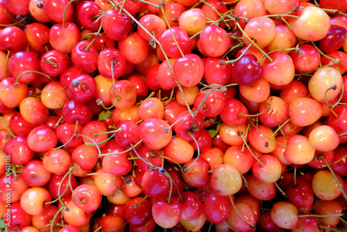Cherries on display at a market in Moutiers, Yonne, France during the summer season
