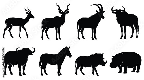 Canvas Print Set of eight black silhouettes of african wild animals, including antelope, wild