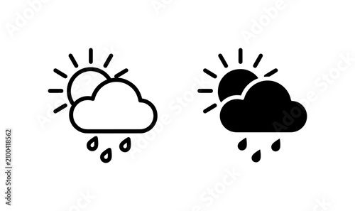 Foto Weather forecast icons of sun and rain cloud, black outline and solid vector sym