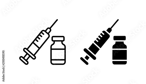 Photos Medical syringe and vaccine vial icons, hypodermic needle with medicine bottle,