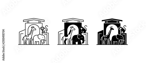 Minimalist zoo icon set, wild animal park symbols with giraffe and elephant, black and white vector illustrations