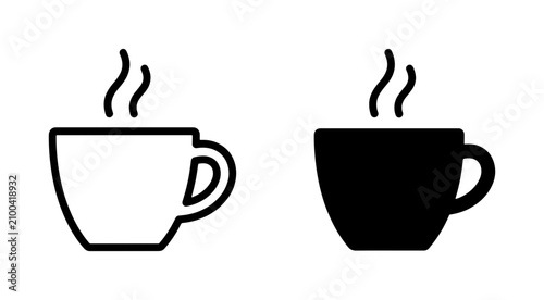 Minimalist coffee cup icons, steaming hot beverage mugs, black outline and solid vector set