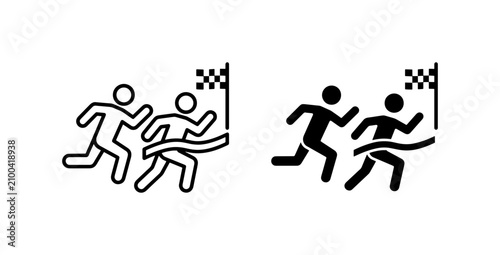 Running competition icons, marathon finish line vector, athletes racing to victory symbols