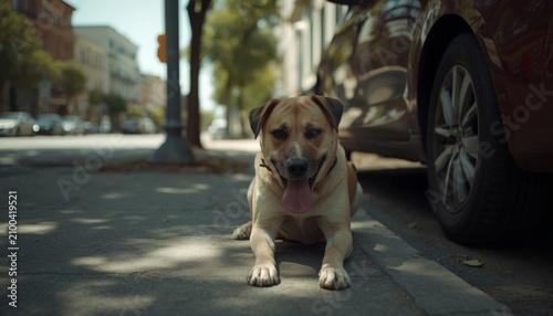 There is a dog laying on the sidewalk next to a car
