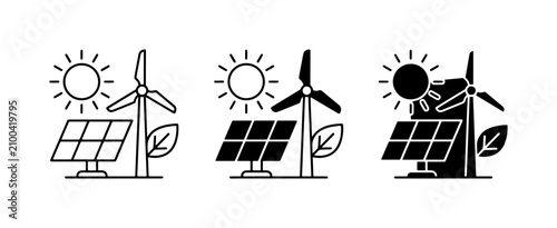 Fotografija Renewable Energy Icons: Solar Panel, Wind Turbine, Sun, Leaf; Eco-friendly Power