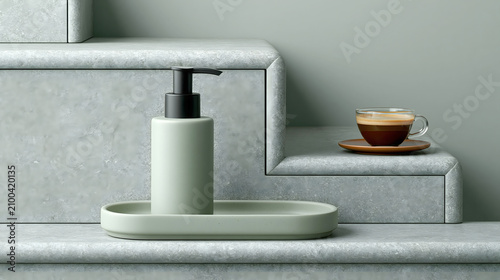 Modern bathroom setup with soap dispenser and coffee cup on stone steps