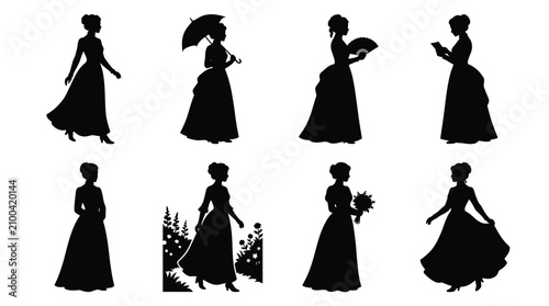 Bild auf Leinwand Set of eight black silhouettes depicting women in vintage victorian or edwardian