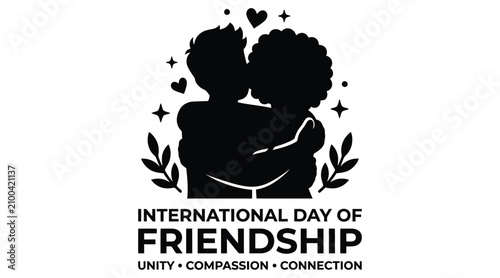 Silhouettes of embracing people black on white background international day of friendship design