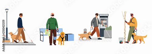 Illustration of blind men navigating urban environments with the help of guide dogs and white canes, showcasing accessibility and independence.