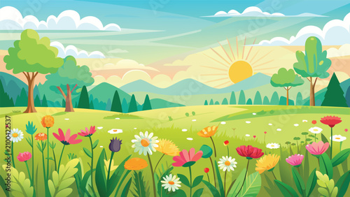 Lush green meadow landscape with morning sun and wildflowers landscape blooming mountains botanical panoramic sunlight environment wildflowers colorful peaceful countryside daylight