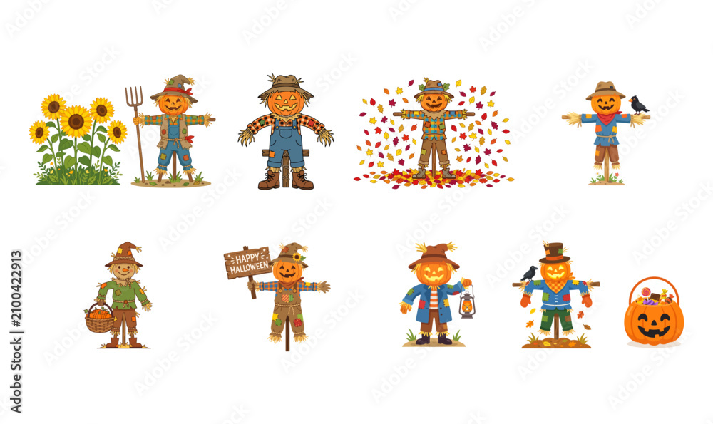 Fototapeta premium Halloween Pumpkin Head Scarecrow Flat Color Vector Illustration Set On PNG Background, Halloween, scarecrow, pumpkin scarecrow, pumpkin head, jack o lantern, jack-o'-lantern, autumn, fall, harvest, 