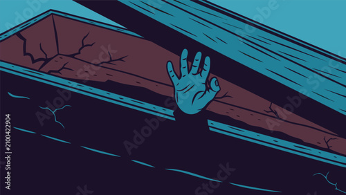 Quadro su tela Reaching hand emerging from open dark wooden coffin illustration with reaching s