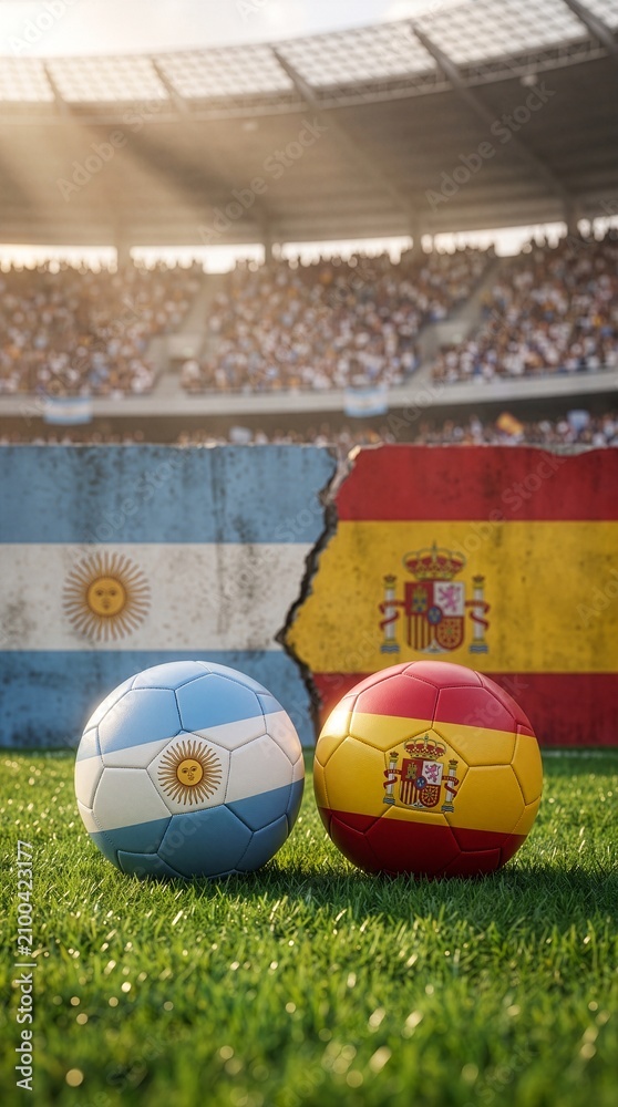 Fototapeta premium A composition of Argentina and Spain soccer balls on a stadium pitch, featuring a dramatic concept of separation by a cracked wall.