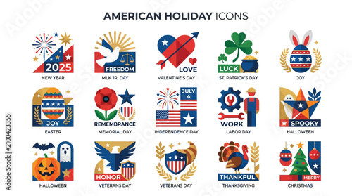 American holiday icons illustrated in a vibrant graphic style on a white background
