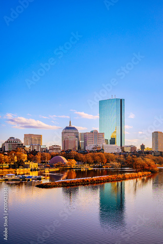 Boston City Golden Skyline over the Charles River in Massachusetts, USA