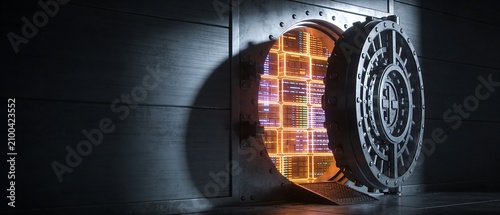 Open futuristic bank vault door revealing glowing digital data storage