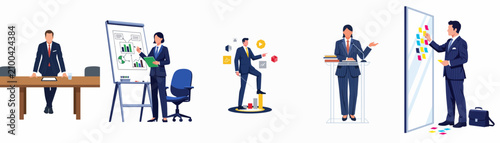 Set of business professionals in various office scenarios including presentations, meetings, and data analysis.