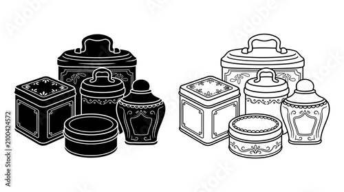 Foto Vintage Tea Caddies And Jars Black And White Silhouette Illustration