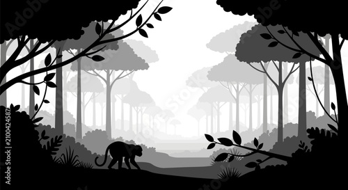 Canvas Print Monochrome Silhouette Illustration of a Monkey Walking Through a Dense Tropical