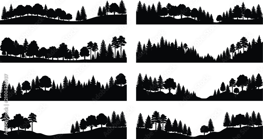 Obraz premium Forest Tree Line Silhouette Landscape Borders Collection for Nature Vector Design and Scenic Backgrounds