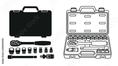 Canvas Print Toolbox And Socket Set Black And White Line Illustration