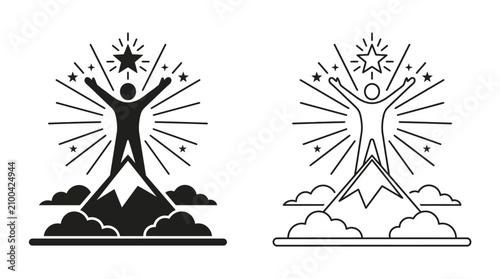 Foto Person celebrating on mountaintop vector illustration with starburst and clouds