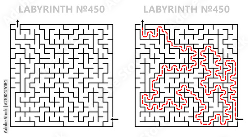 Maze challenge with answers. Square labyrinth 21x21 with solution. Ready to use geometric texture for printing.