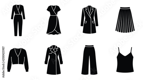 Obraz na płótnie Set of eight black clothing silhouettes featuring various women garments includi