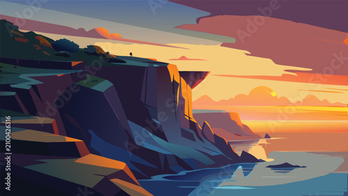 Fotografie Rugged coastal cliff landscape overlooking the sea at sunset with landscape twil