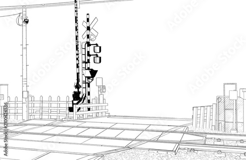 Obraz na płótnie 漫画風ペン画イラスト 駅_踏切