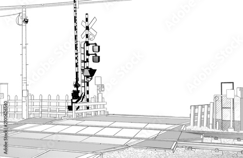 Obraz na płótnie 漫画風ペン画イラスト 駅_踏切
