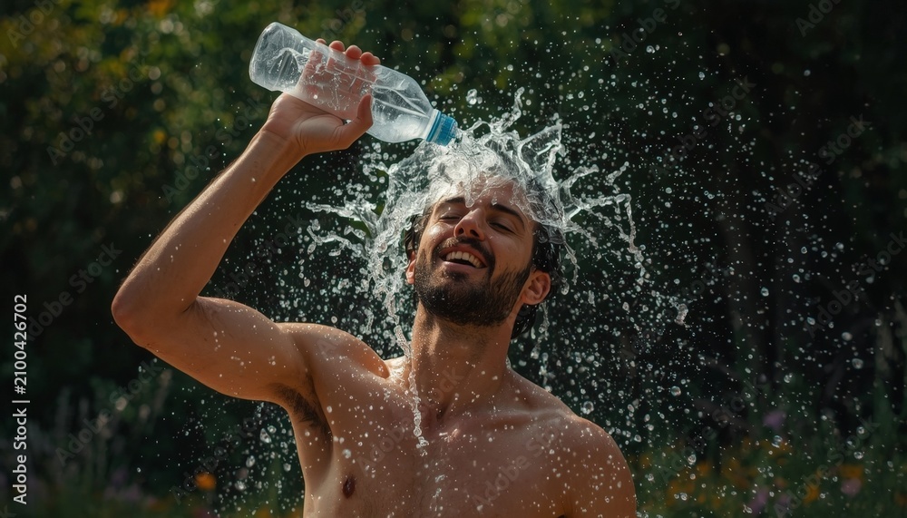 Fototapeta premium There is a man that is standing in the water with a bottle of water