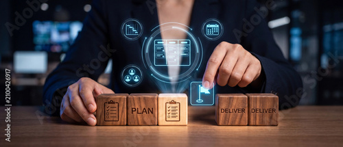 Business project management and agile methodology concept with wooden blocks