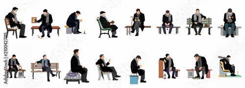 Obraz na płótnie Collection of flat vector illustrations depicting men sitting on benches in various stages of grief, mourning, and quiet reflection