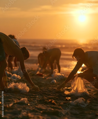 Volunteers Clean Beach at Sunset, Environmental Conservation Effort