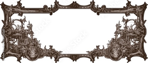 Engraved ornamental frame, intricate illustrations of complex machinery and filigree, large rectangular blank center, dark bronze color