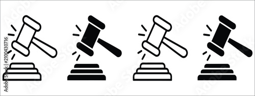 Foto Judge gavel icons with filled and outline auction hammer symbols for courtroom justice, legal services, judicial decisions, attorney branding, and law enforcement graphics, vector, designs