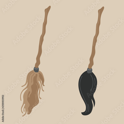 Hand-drawn Halloween witch broom isolated illustrations for seasonal decor, magic party, packaging