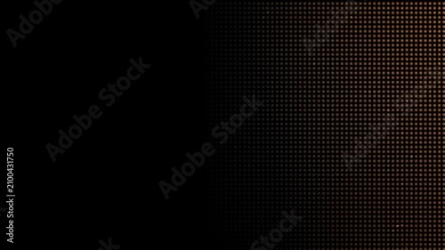 Glowing gold LED dot grid pattern abstract fading overlay. Dynamic digital futuristic pixel matrix screen animation effects. Dark luminous tech background texture footage seamless transitions looping