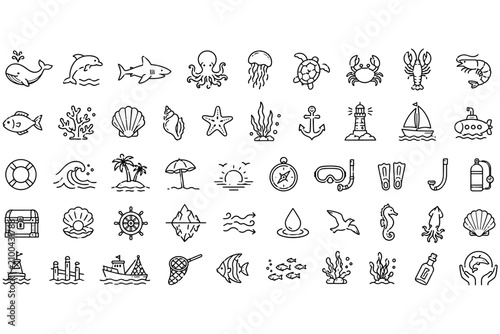 Oceanic marine life and beach vacation icons in a simple outline style with ample copy space for design elements