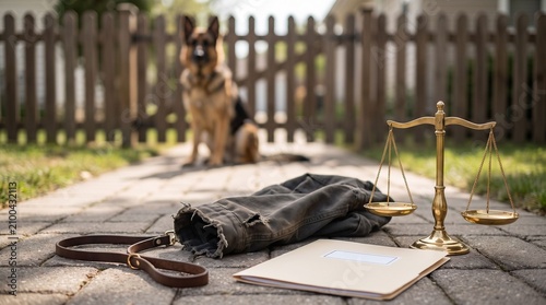 Dog in yard with leash, justice scale and legal paper symbolize dog bite claim, liability and attorney help for victim.