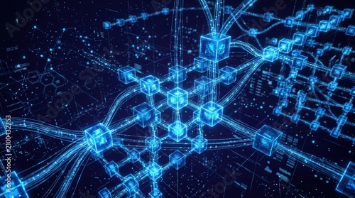 Abstract digital network visualization with glowing blue lines and interconnected nodes representing data flow or a complex system.