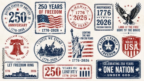 Vintage patriotic America 250 years anniversary badges celebrating independence and freedom heritage set