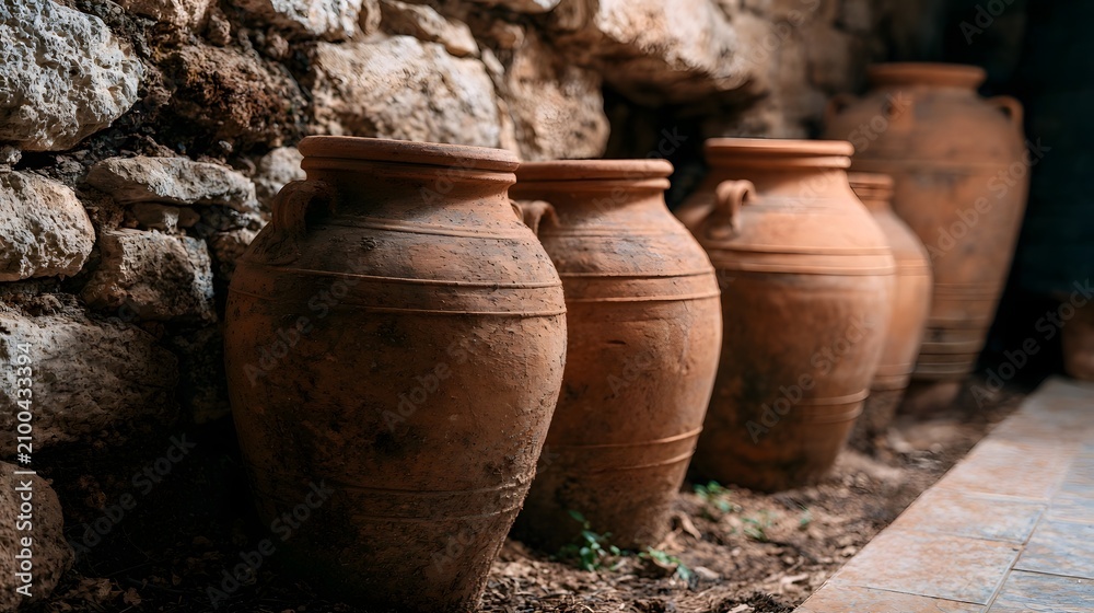 Obraz premium Traditional large terracotta amphorae jars resting inside a rustic stone cellar for ancient style wine fermentation processes capturing an authentic