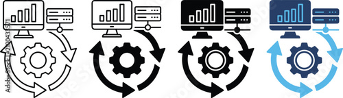 Data Processing and System Optimization Icon Set with Computer Monitors, Data Servers, Turning Gears, and Circular Arrow Symbols in Different Style Variations