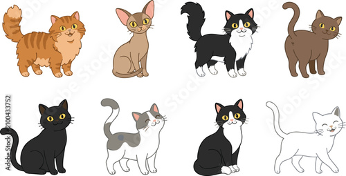 Bild auf Leinwand Cute Cat Breeds Cartoon Illustration Set Featuring Fluffy Tabby Siamese Sphynx T