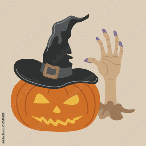 Hand-drawn Halloween pumpkin face, Jack-o-lantern, witch hat and zombie hand composition for seasonal decor, party, packaging