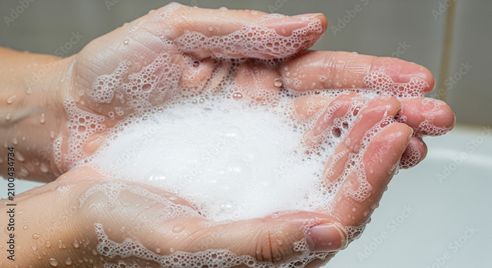 Fototapeta premium Hands washing with soap and water, creating rich foam and bubbles for hygiene