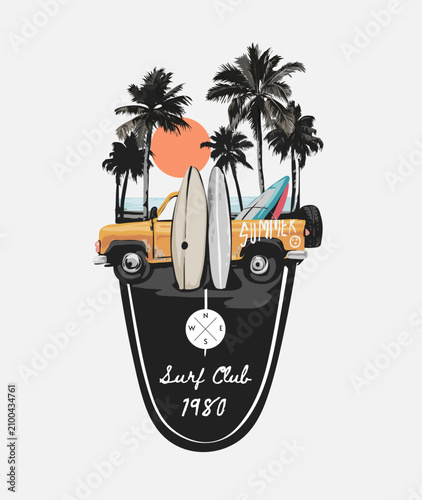 beach truck in surfboard silhouette vector illustration - drawn by hand