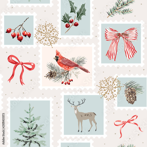Christmas seamless pattern, stamps, deer animal, cardinal bird, fir tree, holly twig, berries, pine cone, red bow, stars, light background. Vector illustration. Festive design. Winter holidays